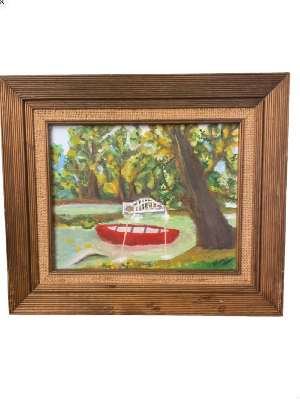 ORIGINAL ARTIST SIGNED ACRYLIC PAINTING ON CANVAS FRAMED RED CANOE ON LAKE